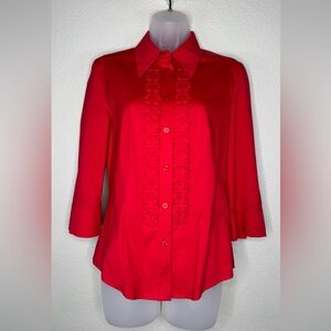 Escada Red Ruffle Front Button-Up Shirt Stretch Cotton Blend Size 36 (US S)‎